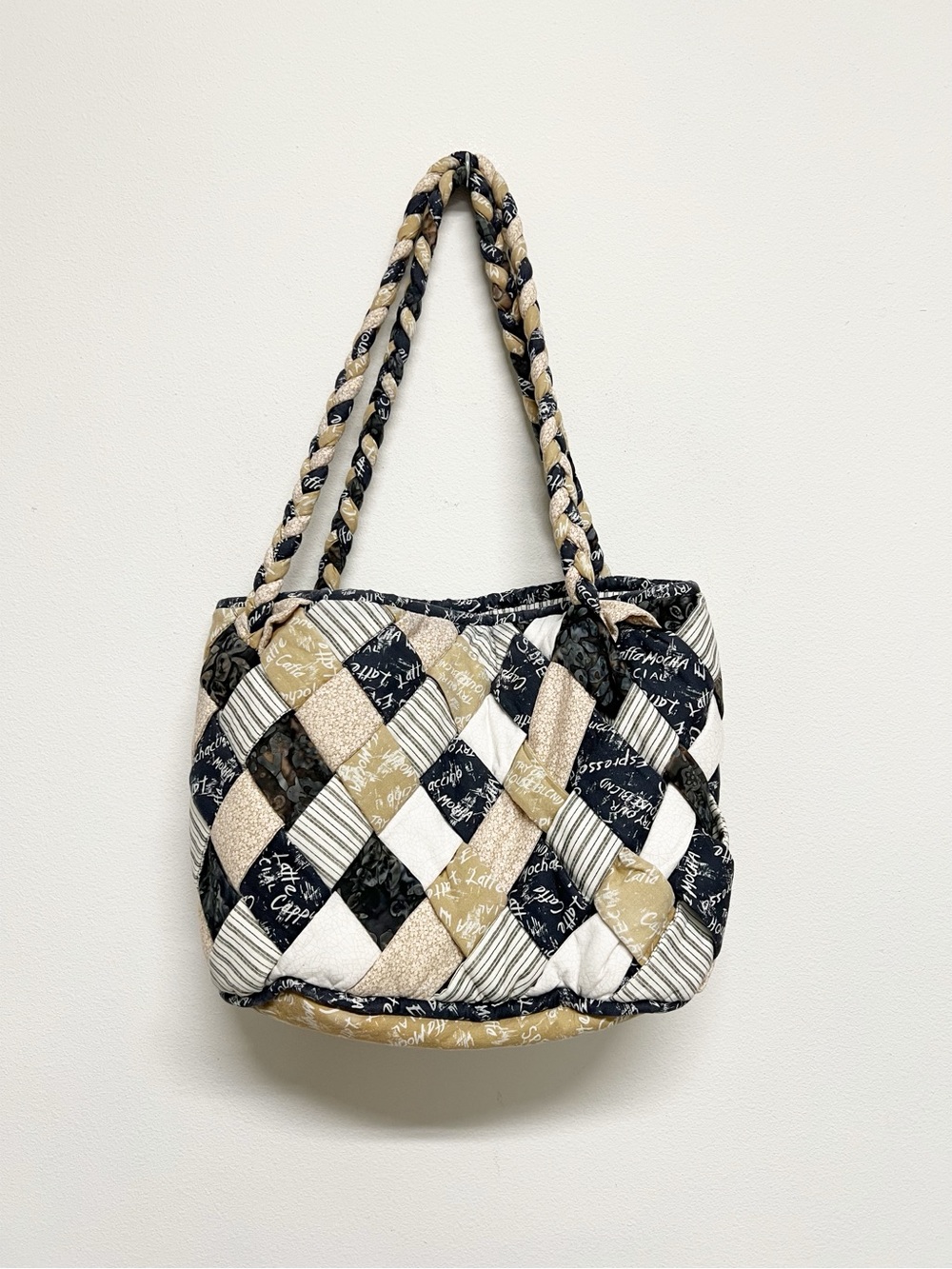 Womens Black White Tan Coffee Themed Boho Lagenlook Quilted Patchwork Tote Bag